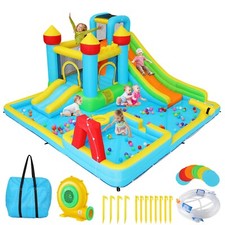Kids Inflatable Water Slide Bounce House Splash/Deep Pool w/Blower and 2 Slides