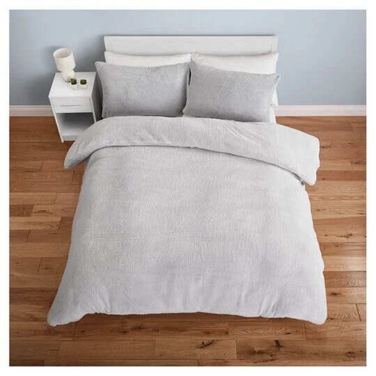 Tesco Silver Teddy Fleece Duvet Set Double Grey eBay