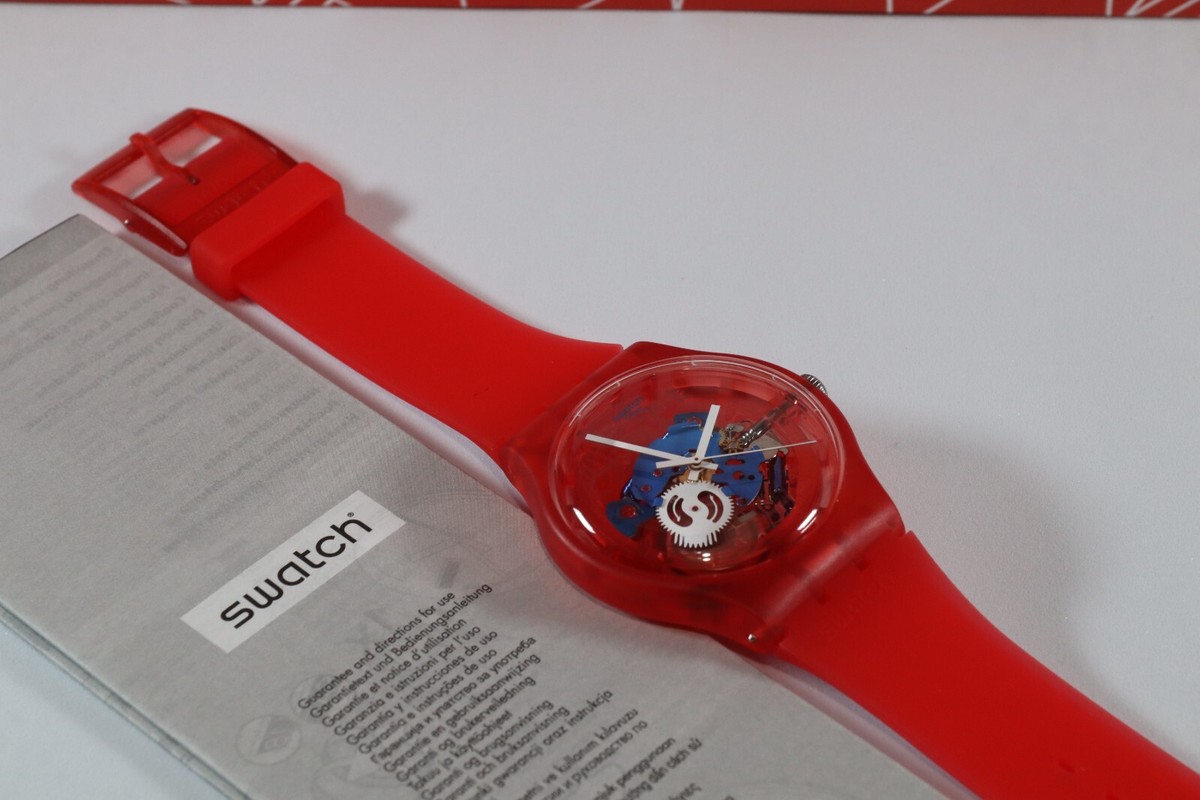 NEW Swiss Swatch Clownfish White And Red Strap Skeleton Dial 