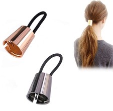 2 PCS Circle Cuff Metal Hair Ties Band Rope Rose Gold Black Elastic Pony