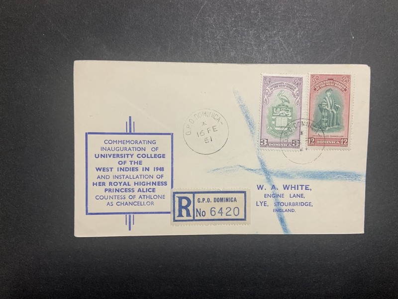 Dominica 1951 FDC registered cover to USA West Indies University White cachet #2