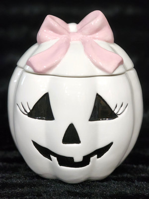 Pink Bow on White Glam Pumpkin Ceramic Cookie Jar Treats 8.5  Halloween Lashes