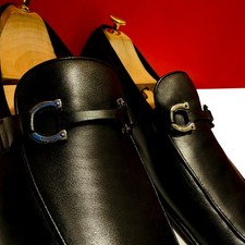 839.00 FERRAGAMO LUXURY MEN BLACK LEATHER SILVER BIT'S LOAFERS SHOES 10 D