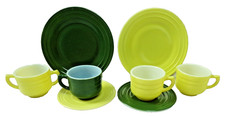 HAZEL ATLAS HOSTESS TEA SET 8 PIECE PLATONITE GREEN YELLOW GLASS PLATE CUP SUGAR