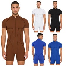 Mens Workout Rompers Bodysuit Front Zip Short Sleeve Leotard Jumpsuit Swimming