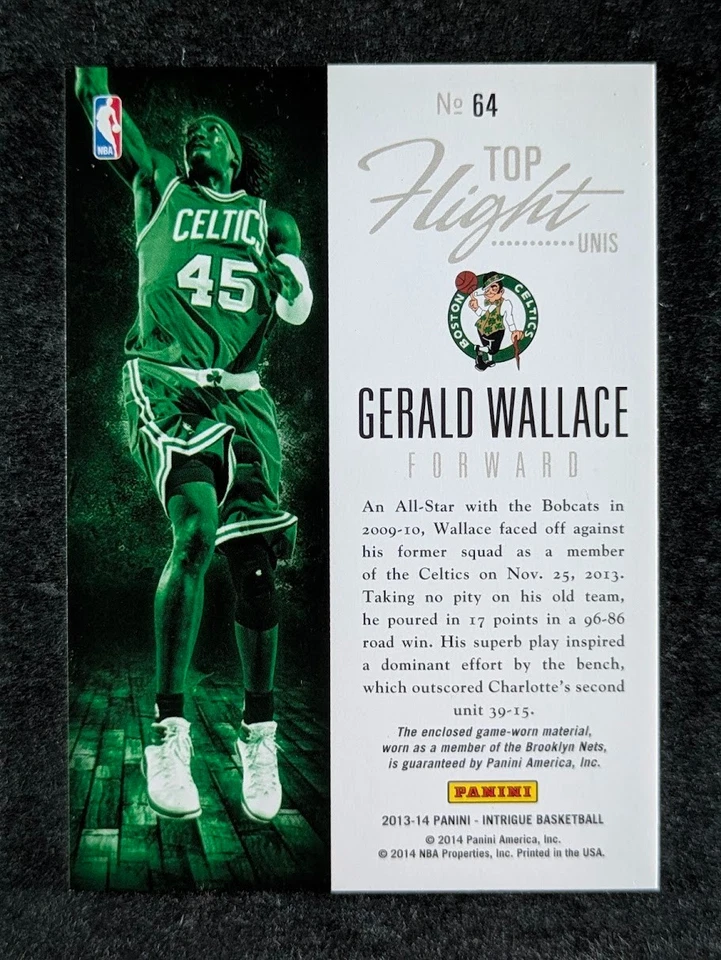 2013-14 Panini Intrigue GERALD WALLACE 4/99 Patch Top Flight Unis Celtics #64 - Image 2 of 3