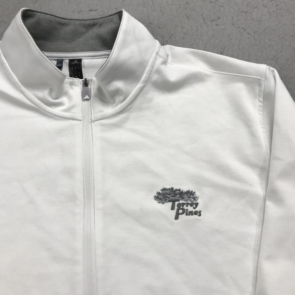 Chaqueta de golf Torrey Pines para hombre blanca mediana Adidas 1/4 cuarto cremallera pulóver logotipo Foto 3 de 4