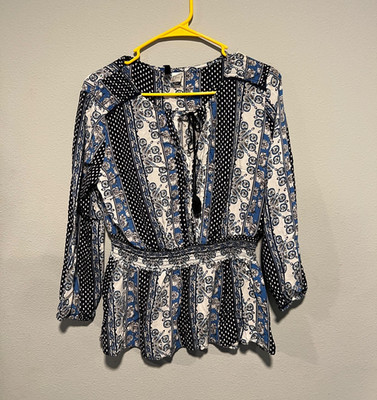 Women s Paisley Blouse L Blue White Black Long Sleeve Round Neck Tie Ruffle