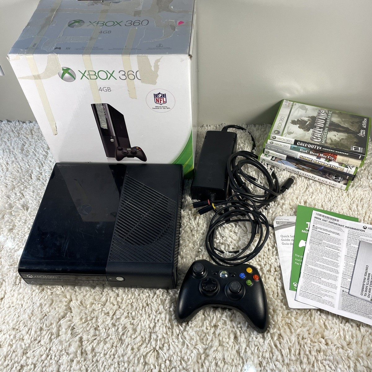 Microsoft Xbox 360 E 4GB Black Console 5 Games Complete in Box CIB