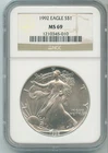 1992 $1 Silver Eagle 1 oz NGC MS69 Coin Certified - RK698