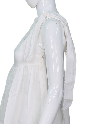 Doen Femmes Col Rond sans Manche Cravate Bretelles Blanc Ramie Court Mini Robe S - Photo 5 sur 14