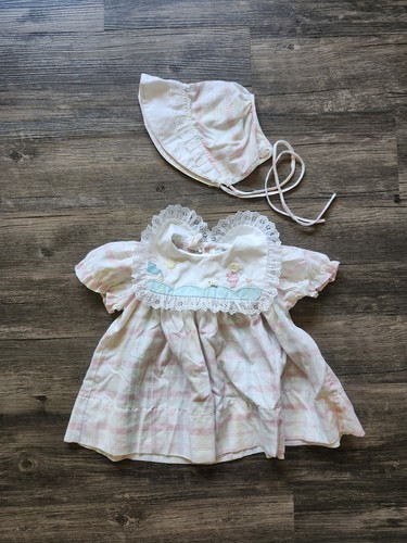 Vintage Pastel Plaid Baby Dress with Bonnet - Picture 1 of 3