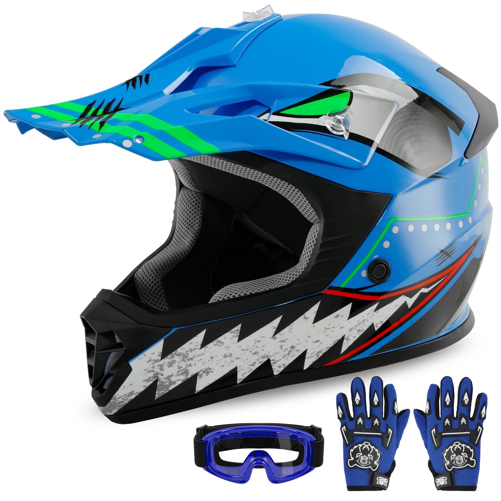 Kids Dirt Bike Helmet DOT Full Face with Goggles Gloves Blue