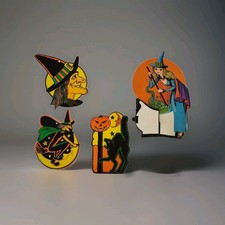 VTG Beistle Halloween Witch Black Cat Cauldron Die Cut Set of (4) MCM Decoration