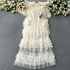 Ladies Mesh Sheer Ruffled Dress Off Shoulder Frill Long Sleeve Tulle Evening New