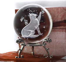 3D Cat Crystal Ball Glass Paperweights with Stand Cat Ornaments Gifts Figurines
