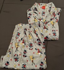 Mickey  Co Disney Two Piece Pajama Set Gray White Womens Size Medium Vintage