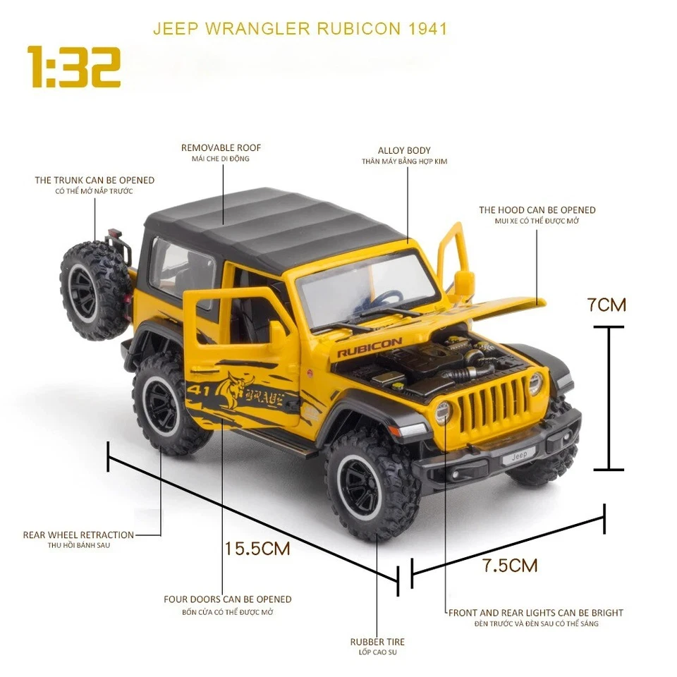 1/32 Jeep Wrangler Rubicon Alloy Diecast Model SUV Sports Car Vehicle Kids Toys - Image 2 of 4