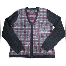 Woolrich Plaid Cable Knit Lamb's Wool Cardigan Sweater M Grey