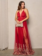 Wine Red Sleeveless Maxi Dress Gown Size Large Gold Embroidered Accents