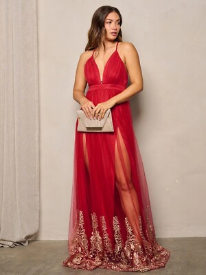 open lace back dress Radiant Red & Gold Stripe Tiered Maxi Dress with Puff Sleeves Medium / Scarlet main image 1