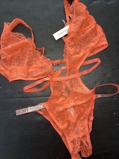 NWT Victoria's Secret S TEDDY bodysuit crotchless Neon ORANGE lace SHINE STRAP