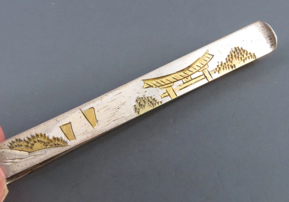 VTG 950 SILVER More Than Sterling JAPANESE TIE BAR Mount Fuji Pagoda Scene GOLD - Image 3 of 4