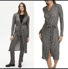 Michael Stars Isa Ribbed Cardigan Sleek Midi Dress 2XL Luxe Jasper Black Gray