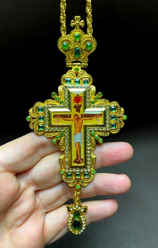 Greek Russian Orthodox Priest Pectoral Cross Pendant Gold Plated Green Stones - Picture 15 of 21