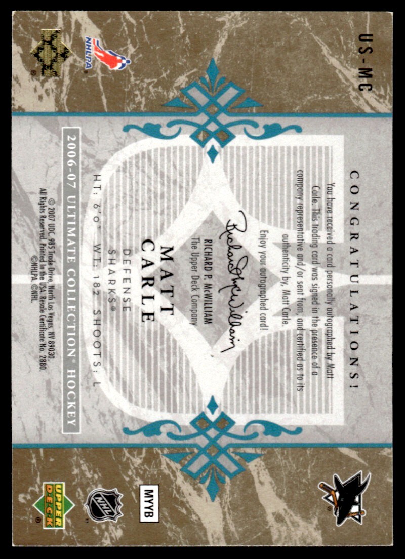 2006-07 Upper Deck Ultimate Collection Signatures Matt Carle Auto San Jose - Picture 2 of 2