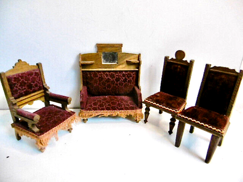 BEAU MOBILIER DE MAISON DE POUPÉE ANCIENNE 4 PIÈCES VELOURS BORDEAUX - XIXèmè - Foto 1 di 17