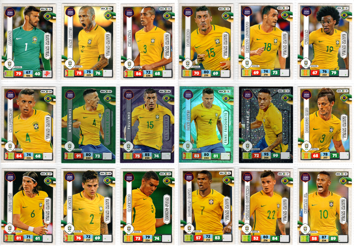 BRAZIL FOOTBALL TEAM CARDS 18/18 FULL SET - PANINI FIFA WORLD CUP