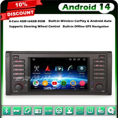 ERISIN 8-Core 64GO Android 14 DAB+ Autoradio GPS Navi CarPlay pour BMW 5 Series E39 DSP