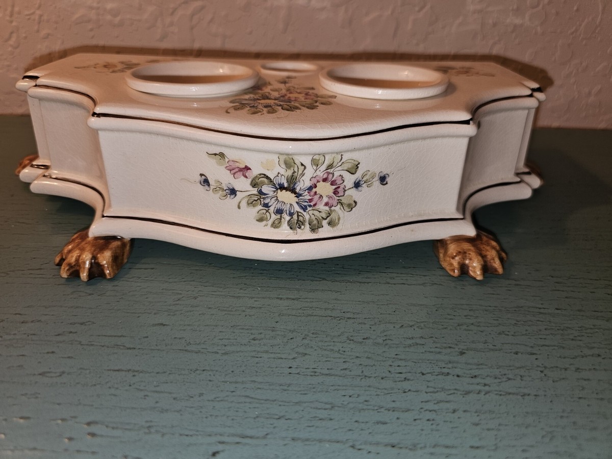 Vintage Hand Painted Porcelin Ink Well And Fountain Pen Holder