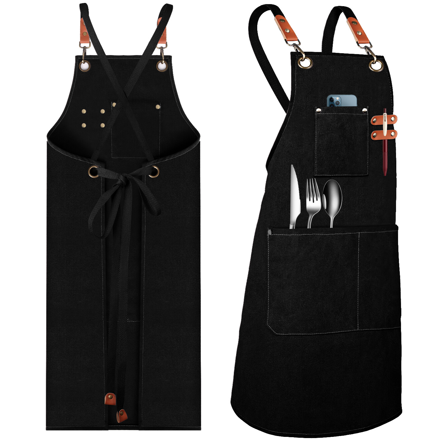 Canvas Kitchen Apron for Men Women Chef Cooking Apron Cross back with 3  Pockets | eBay
