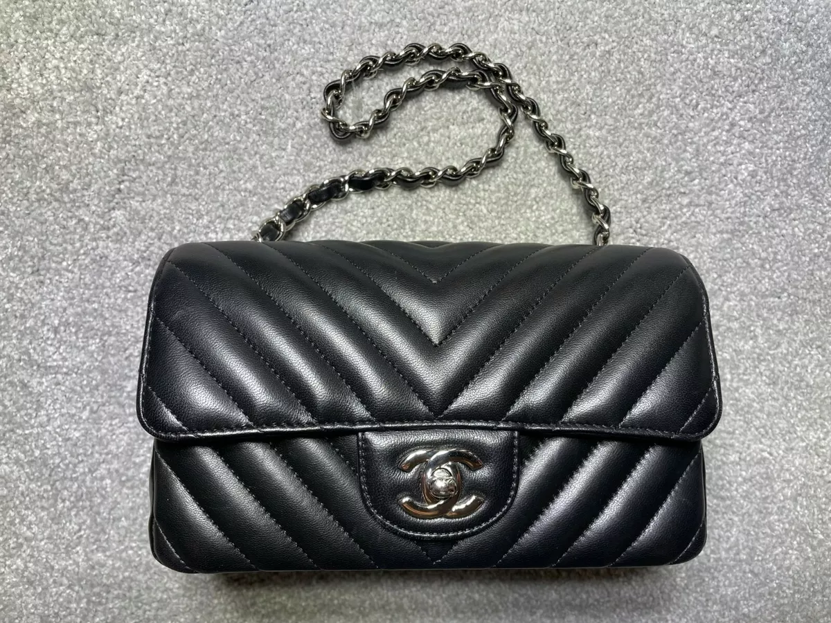 Chanel Classic Mini Flap Bag Black Lamb Skin Leather Handbag Chain