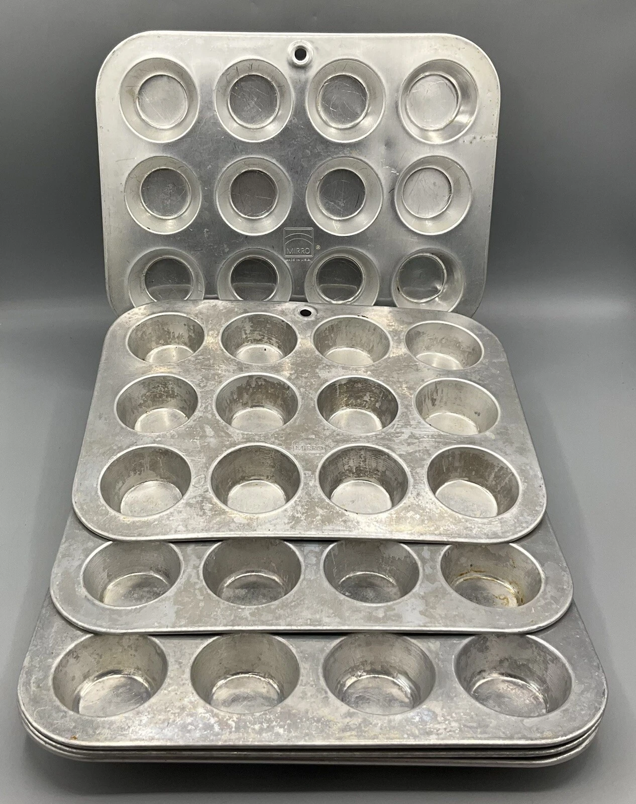 6 Vtg Aluminum Mini Muffin Pans 2x Mirro, 4x Unmarked w/12 Holes Each 1-7/8" USA