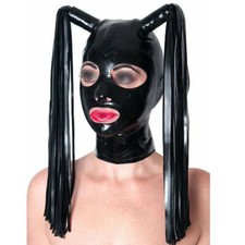 Black Latex Hood Back Zipper with Double Latex Wigs Rubber Mask Fetish BDSM 0.4m