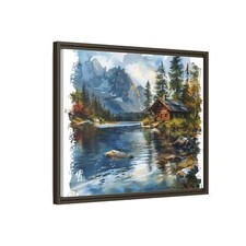 Montana Wilderness Canvas Framed Art Print, Cabin In The Woods Watercolor Art