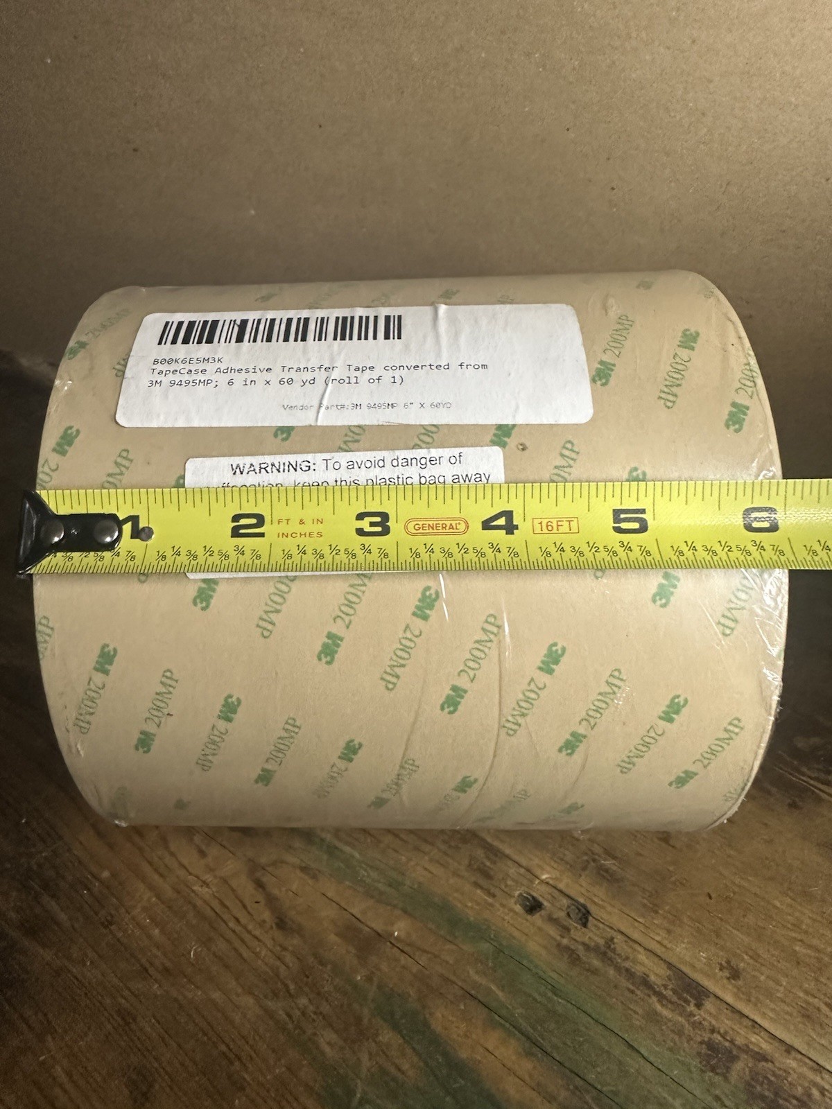 3M 200MP TapeCase Adhesive Transfer Tape 6 in 60 yd Converted from 9495MP 1 Roll