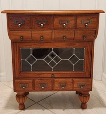 Vintage Solid Oak Accent End Table Cabinet Leaded Glass & Storage Drawers 27" H