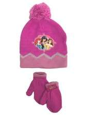 Disney Princess Toddler Girls Pink Pom Beanie  Mittens Stocking Cap Hat Set