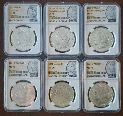 2021 Morgan & Peace Silver Dollar 6 Coin Set NGC MS70 CC O D S P High Relief