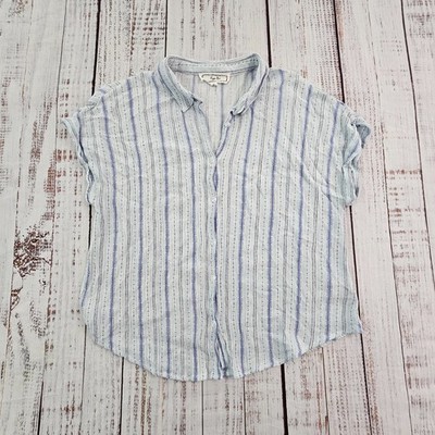 Hippie Rose Blue Striped Short Cap Sleeve Button Front Blouse Women's XL