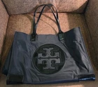 Tory Burch Tote Black Nylon Ella Purse Travel Handbag Designer LOGO 17 X  12