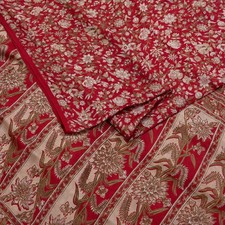Vintage Sari Red Pure Silk Printed Saree 6yard Sewing Craft Fabric DressMaking