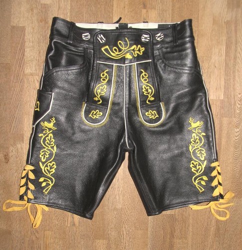 Short men's costume leather pants costume pants made of smooth leather in black size 46