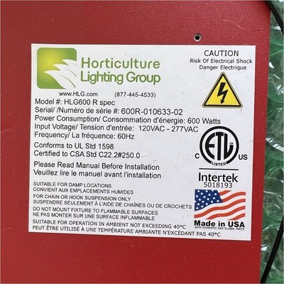 Horticulture Lighting Group HLG600 R Spec 600W LED Grow Light Kit 120-277V