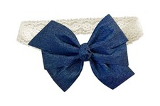 WD2U Baby Girls 5" Denim Blue Grosgrain Ribbon Hair Bow Ivory Stretch Headband