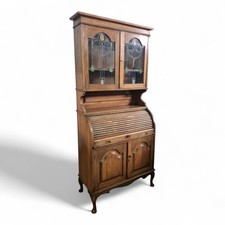 Roll top writing bureau / Antique Arts & Crafts oak tambour bookcase - desk